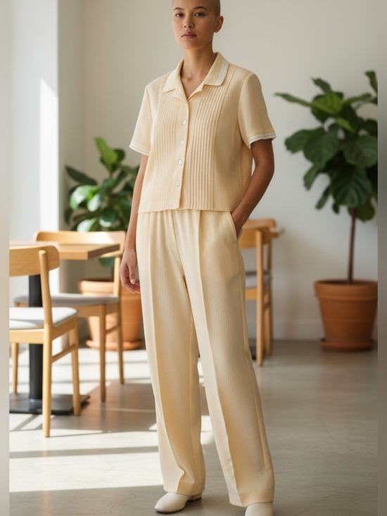 Plaza South Petite Pants - 90s 2 PC SUNSHINE YELLOW TEXTURED FABRIC CROPPED POLO TOP & PANT PLAZA SOUTH 12P